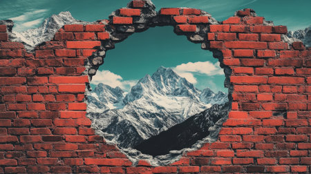 This striking image captures the breathtaking view of snowy mountains through a circular opening in an old red brick wall, blending natural beauty with architectural elements.の素材