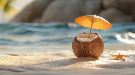 A delightful coconut drink adorned with a small umbrella resting on a sandy beach, surrounded by gentle ocean waves, offering a serene tropical escape in a sunny paradise.の素材
