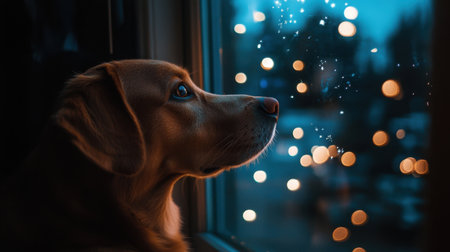 A serene dog gazes out of a window at softly glowing lights in the evening, capturing the cozy essence of winter nights and evoking comforting emotions.の素材