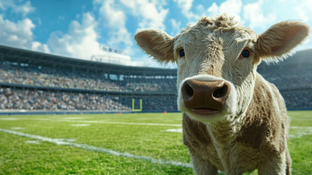 A charming cow standing on a vibrant football field, with a packed stadium of enthusiastic spectators behind it, capturing the playful spirit of the moment in a sunny setting.の素材