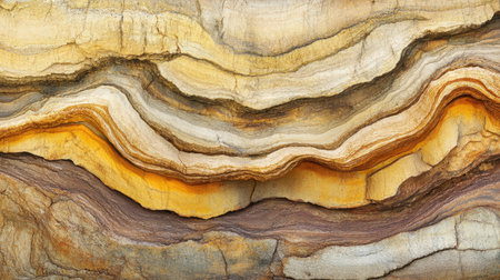Stunning close-up of a sedimentary rock formation featuring rich colors and intricate layers, highlighting the beauty of natural geological processes and textures.の素材