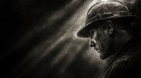 A powerful portrait of a male worker in a helmet, captured in a dark setting with dust and light rays, showcasing determination and resilience in the face of labor challenges.の素材