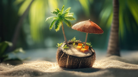 This enchanting miniature scene showcases a coconut shell transformed into a tropical beach getaway, complete with palm trees, a colorful umbrella, and inviting chairs.の素材