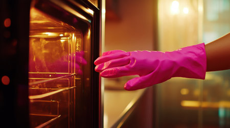 A vibrant scene captures a hand in bright pink gloves reaching toward an oven, showcasing a happy home cooking moment filled with warmth and modern design aesthetics.の素材
