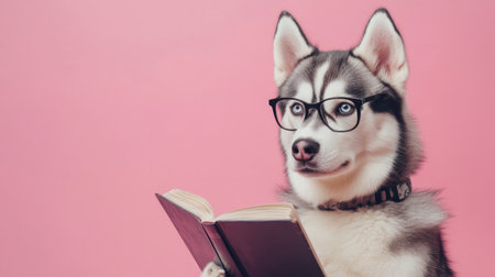 A charming Siberian Husky, wearing glasses, is humorously reading a book against a vivid pink background, epitomizing a playful and intelligent companion perfect for light-hearted themes.の素材