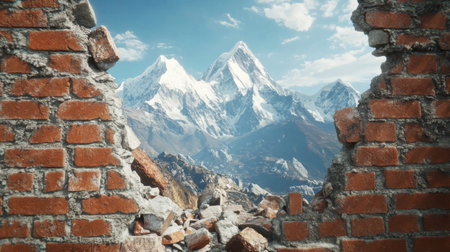 Experience the breathtaking contrast of rugged snow-capped mountains viewed through a broken brick wall, illustrating the intersection of natural beauty and urban decay.の素材