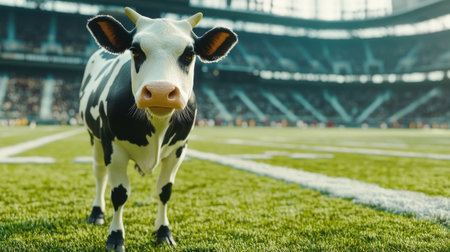 A curious cow stands on a lush green field in a stadium, creating a whimsical scene with spectators in the background, highlighting the charm of nature in a sport setting.の素材