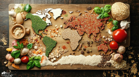 Unique world map crafted from various grains, seeds, and spices beautifully arranged on a wooden board, perfect for culinary inspiration and educational purposes.の素材