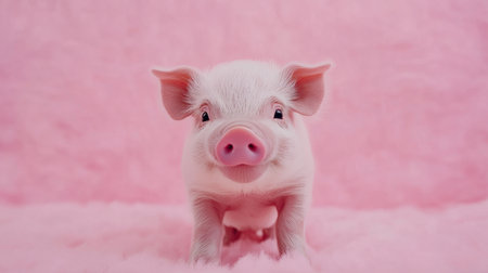 This cute baby piglet, framed by a soft pink background, radiates charm and innocence, making it an ideal image for animal lovers and delightful pet-themed projects.の素材