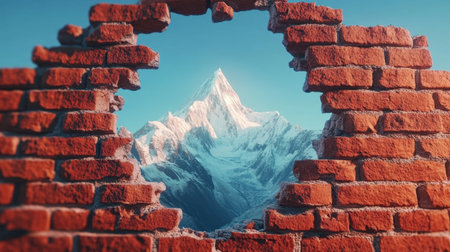 A stunning visual capturing a broken brick wall framing a breathtaking view of a snow-capped mountain against a clear blue sky, highlighting nature's beauty and serenity.の素材