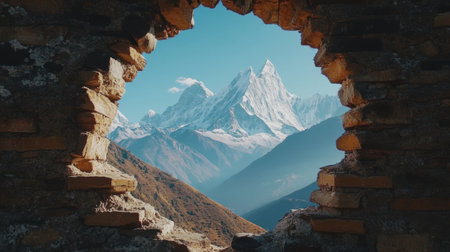 A stunning landscape showcasing majestic snow-capped peaks framed by ancient stone walls, offering a serene view of the Himalayas bathed in natural light.の素材