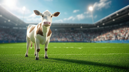 A delightful cow stands on a lush green field in a lively sports stadium, creating a whimsical scene that blends nature with athleticism and entertainment.の素材