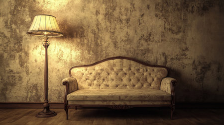This image features an elegant vintage sofa paired with a classic floor lamp, set against a textured aged wall, creating a warm and inviting ambiance for home decor inspiration.の素材