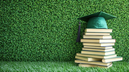 A vibrant graduation cap sits atop a neatly arranged stack of books against a lush green backdrop, representing the journey of education and the pursuit of knowledge in a fresh, inspiring setting.の素材