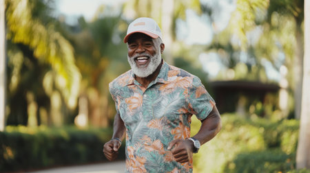 A happy senior man enjoys running in a vibrant tropical setting, exuding energy and joy while promoting a healthy lifestyle and active aging amidst lush greenery.の素材