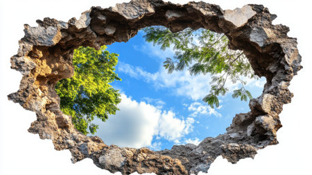An exquisite view through a broken rock wall captures a lush green tree and bright blue sky filled with fluffy clouds, symbolizing freedom and connection with nature.の素材