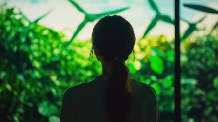 A contemplative woman stands silhouetted against vibrant greenery and wind turbines, symbolizing the harmony between nature and renewable energy in a modern world.の素材
