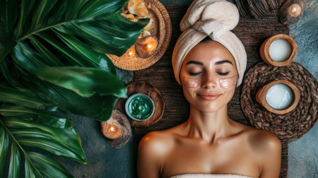 A serene setting featuring a young woman relaxing during a facial treatment, surrounded by candles, lush plants, and natural beauty products, ideal for promoting wellness and self-care.の素材