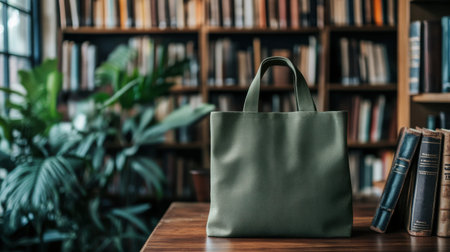 A stylish green bag sits on a wooden table in a cozy library, emphasizing a tranquil reading environment filled with books and greenery. Perfect for study and exploration.の素材