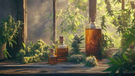 A serene still life featuring herbal extract bottles set against fresh cannabis plants, illuminated by gentle natural light, creating a tranquil atmosphere in a rustic environment.の素材
