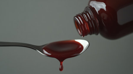 A vibrant close-up image showcasing red syrup pouring from a bottle into a spoon, ideal for themes related to food, medicine, or nutrition with a minimalist background.の素材