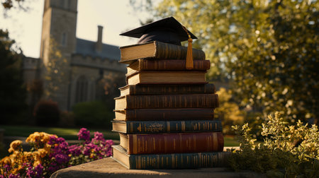 A beautifully arranged stack of vintage books topped with a graduation cap, set in a serene outdoor environment filled with blooming flowers and a historic building, evoking feelings of achievement.の素材