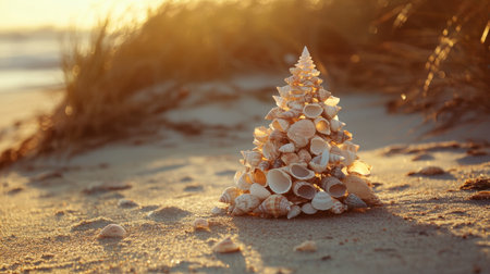 A stunning shell tree created on the beach, reflecting the beauty of nature and the warmth of the sunset. Ideal for holiday decoration inspiration and coastal themes.の素材