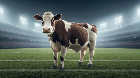 A cow stands confidently on a vibrant football field, surrounded by bright stadium lights, creating a unique and humorous contrast between nature and sports.の素材