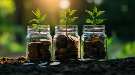 Vibrant green seedlings emerge from jars filled with coins, symbolizing the connection between financial growth, sustainability, and a bright ecological future.の素材