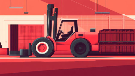 A vibrant illustration of a forklift in a modern warehouse, showcasing effective material handling and industrial operations in a striking red and orange color scheme.の素材