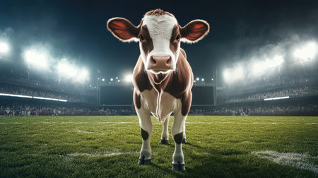 This captivating image showcases a cow confidently standing on a football field, illuminated by stadium lights, blending elements of humor and sport in a vibrant scene.の素材