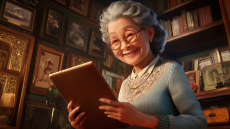 An elderly woman smiles happily while holding a tablet in her cozy study filled with vintage photographs and decorations, capturing a blend of nostalgia and modern technology.の素材