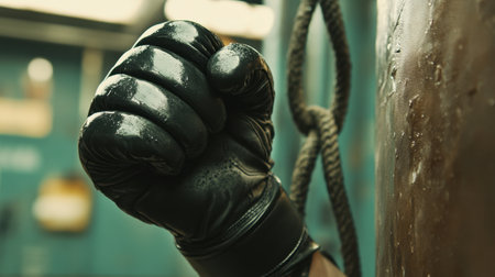 A dynamic close-up of a powerful fist in a black boxing glove striking a heavy bag, capturing the essence of strength and dedication in a gym environment.の素材