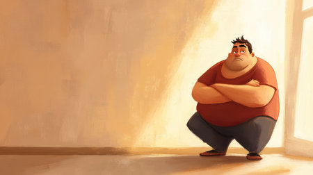 A colorful cartoon character sits with arms crossed in a minimalistic setting, evoking feelings of contemplation and frustration, perfect for illustrating emotional themes.の素材