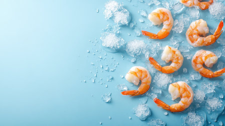 A vibrant display of fresh cooked shrimp on a bed of ice against a light blue background, perfect for culinary projects, seafood menus, or marketing materials showcasing delicious seafood dishes.の素材