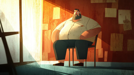 A stylized illustration featuring a pensive man seated in a bright room, illuminated by warm light from the window, evoking feelings of reflection and solitude.の素材