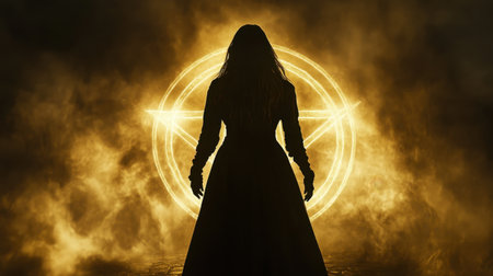 A mysterious woman stands silhouetted against a captivating golden magical symbol, surrounded by swirling smoke, evoking an enchanting and mystical atmosphere.の素材