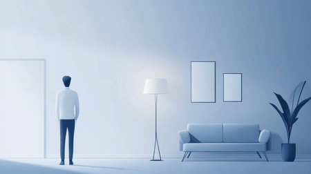 A serene illustration of a modern living room with soft blue tones, featuring a man contemplating in a minimalist space filled with light, comfort, and elegance.の素材