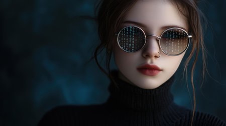 Portrait of a young woman wearing stylish sunglasses with binary code reflection. She appears contemplative with a fashionable turtleneck, creating a captivating modern vibe.の素材