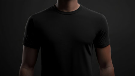 A sleek black t-shirt worn by a male model against a dark backdrop, ideal for showcasing apparel in marketing campaigns, fashion ads, and online retail platforms.の素材