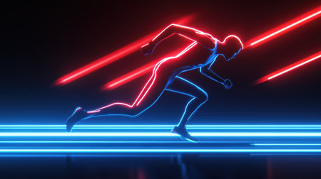 A striking neon silhouette of a runner in motion, capturing the essence of speed and energy with vibrant colors and a futuristic backdrop. Perfect for fitness and technology themes.の素材