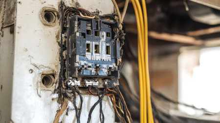 A close-up view reveals a damaged electrical circuit breaker surrounded by exposed wires and dust, highlighting potential safety hazards in an industrial environment.の素材