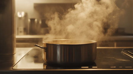 A shiny steel pot emits steam while sitting on a modern stove, showcasing the essence of home cooking and the warmth of culinary traditions in a cozy kitchen environment.の素材