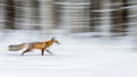 A beautiful scene of a red fox running swiftly through a snowy forest. The image captures the elegant motion and natural beauty of wildlife during winter.の素材