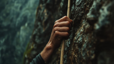 This image captures the determination of a climber gripping a rope tightly, showcasing strength and focus against a misty rocky backdrop in nature's rugged terrain.の素材