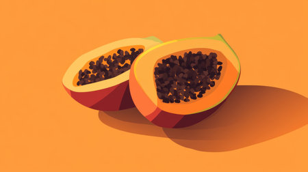 A stunning illustration of papaya fruit halves showcasing their rich orange flesh and shiny black seeds, perfect for promoting fresh and healthy eating concepts.の素材