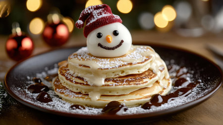 Delight in this whimsical holiday breakfast featuring fluffy pancakes topped with a charming snowman decoration, chocolate drizzle, and a sprinkle of powdered sugar for a festive touch.の素材