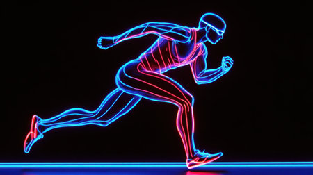 A vibrant neon illustration of a runner in motion, showcasing energy and athleticism. Perfect for sports, fitness, and health-related themes with a modern aesthetic.の素材