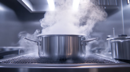 A stainless steel pot on a sleek stovetop emits steam, symbolizing warmth and creativity in cooking. Perfect for showcasing modern kitchen aesthetics and culinary experiences.の素材