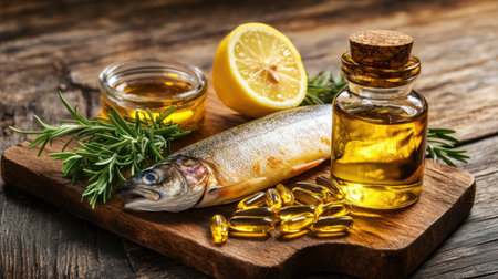 A captivating composition featuring fresh fish, lemon, and olive oil. Perfect for promoting healthy cooking, nutritional wellness, and delicious seafood recipes.の素材